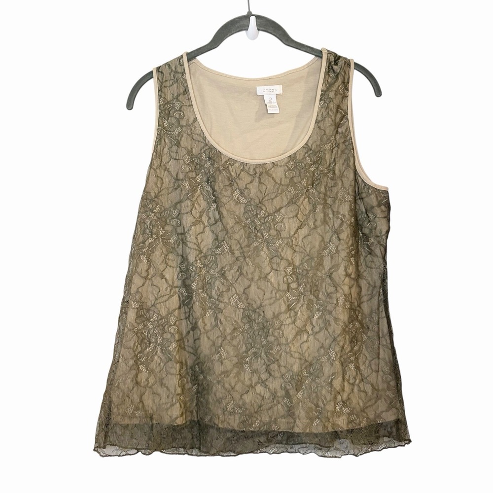 Chico's Classic Womens Tank Top‎ Size 2 L Beige Green Lace Overlay Sleeveless